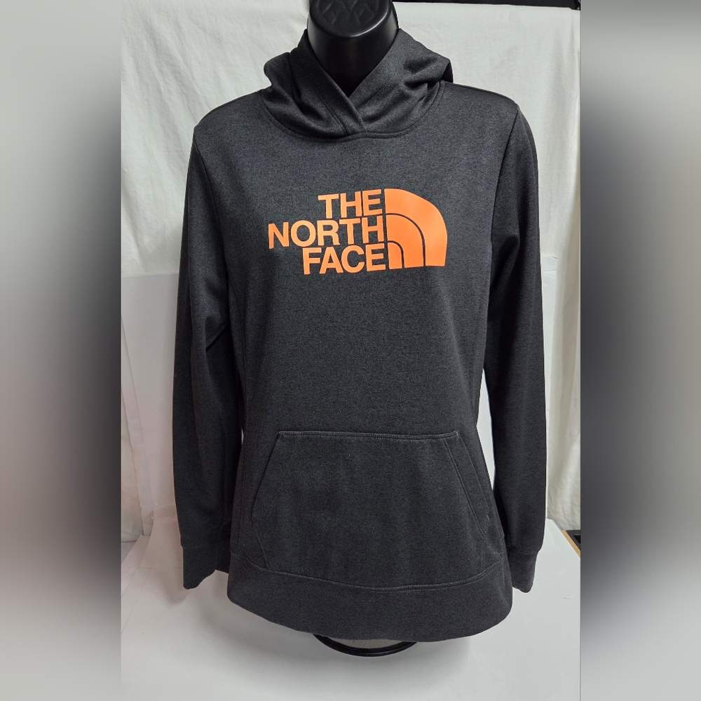 The North Face Womens Pullover Hoodie Sweatshirt CHARCOAL Orange Logo SIZE M.